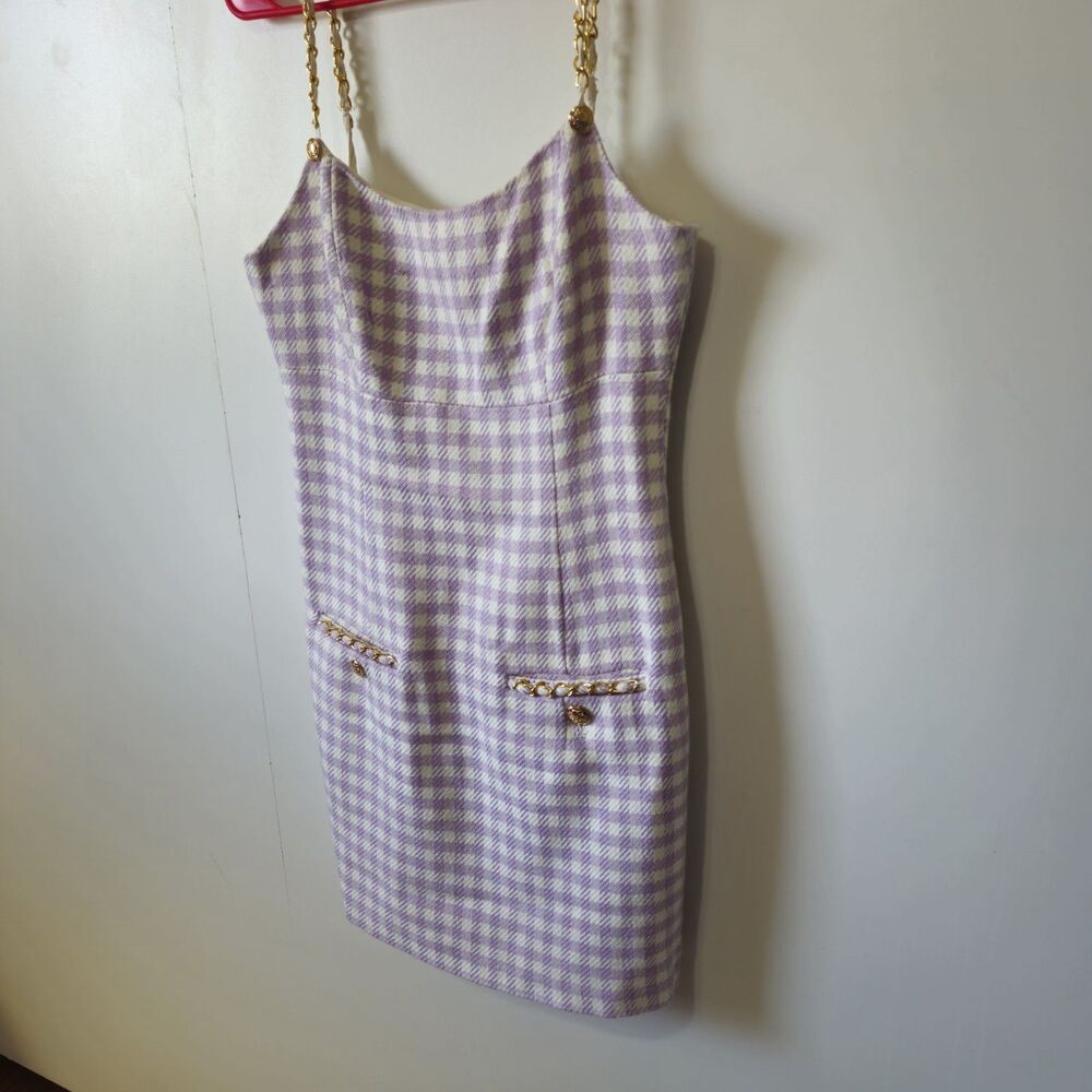 GUESS Caroline Tweed Mini Dress Purple Gingham Chain Strap Size 6 Chic - Picture 2 of 16